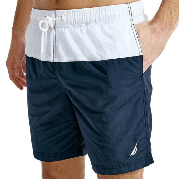 Nautica 8" J-Class Performance Quick Dry Swim Trunks in  Navy and White Strip - Picture 1 of 4